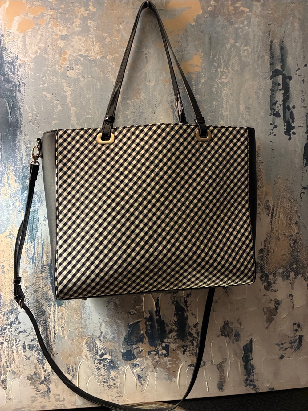 NWOT White House Black Horse Black & White Gingham Tote Bag with Shoulder Strap